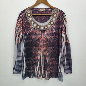 One World Live And Let Live Long Sleeve Beaded Neck Tunic Top Size XL Multicolor